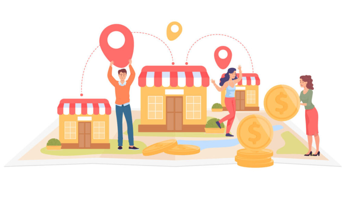 Small shops owners holding location pins on map
