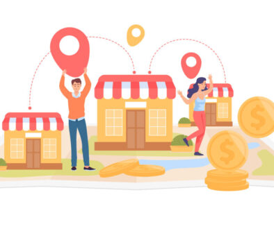 Small shops owners holding location pins on map