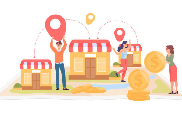 Small shops owners holding location pins on map